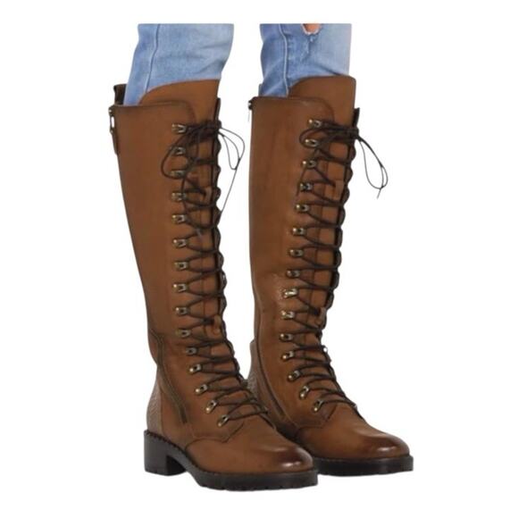 Vintage Foundry Co. Henrietta Tan Lace-Up Brown Leather Tall Boots Size 8 $220 - Picture 1 of 8